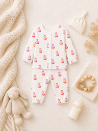 Baby wearing Anaario Pink Cow organic mulmul cotton set, newborn to 24 months