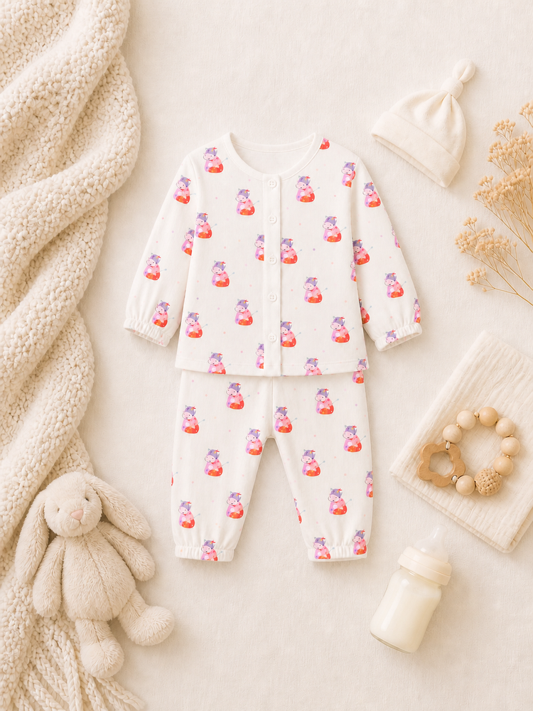 Baby wearing Anaario Pink Cow organic mulmul cotton set, newborn to 24 months