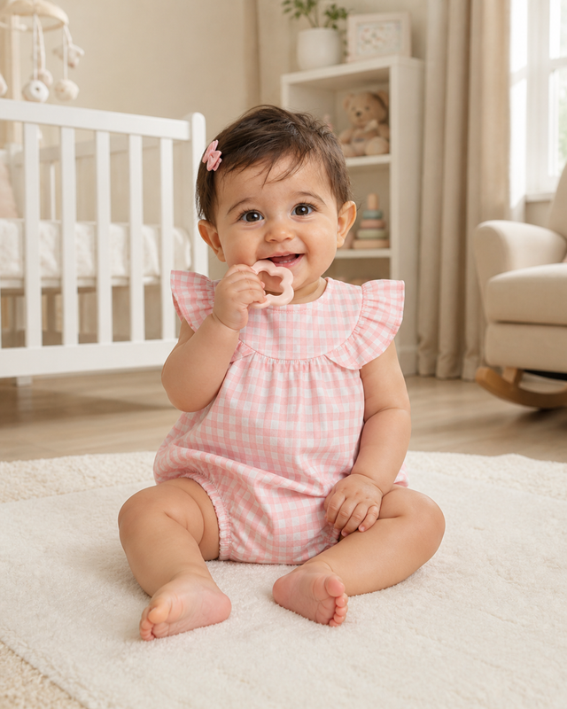 Baby wearing Anaario Pink Gingham Frill Yoke sleeveless romper, newborn to 24 months