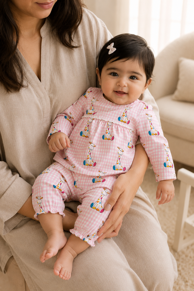Baby wearing Anaario Pink Gingham Giraffe pink gingham with giraffe prints co-ord set, newborn to 24 months