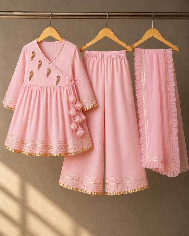 Girl wearing Anaario Baby Pink Parrot Angrakha Set