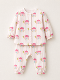 Baby wearing Anaario Pink Snail organic mulmul cotton set, newborn to 24 months