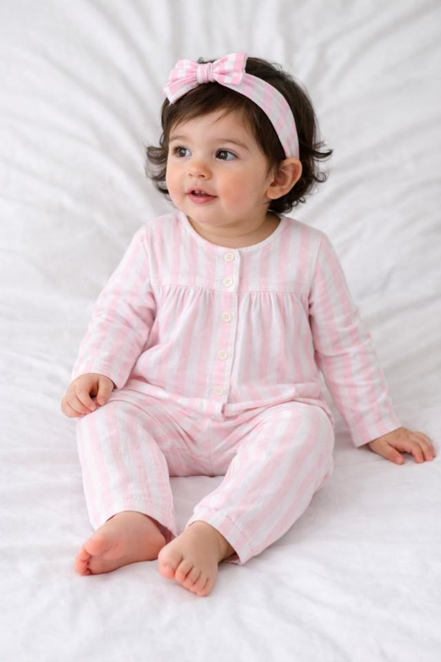 Baby wearing Anaario Pink Stripes organic mulmul cotton Blossom Breeze set, newborn to 24 months