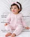 Baby wearing Anaario Pink Stripes organic mulmul cotton Blossom Breeze set, newborn to 24 months