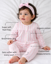 Baby wearing Anaario Pink Stripes organic mulmul cotton Blossom Breeze set, newborn to 24 months