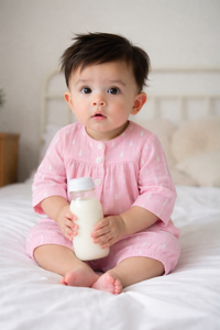 Baby wearing Anaario Pink and White Raindrops organic mulmul cotton Blossom Breeze set, newborn to 24 months