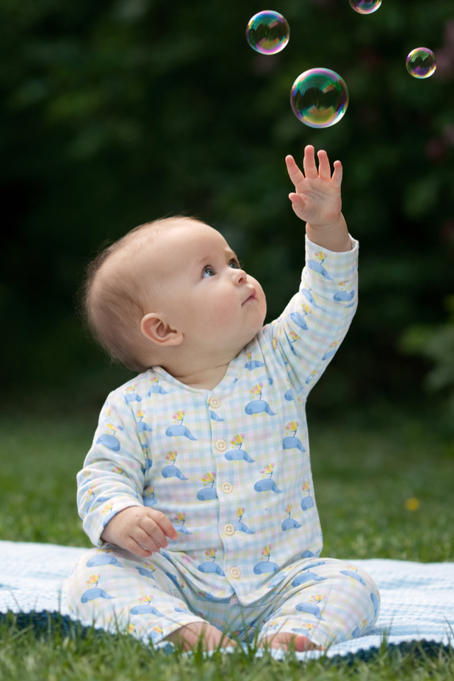 Baby wearing Anaario Playful Dolphin organic mulmul cotton set, newborn to 24 months