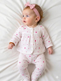 Baby wearing Anaario Plum Specks organic mulmul cotton Blossom Breeze set, newborn to 24 months