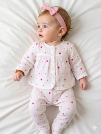 Baby wearing Anaario Plum Specks organic mulmul cotton Blossom Breeze set, newborn to 24 months