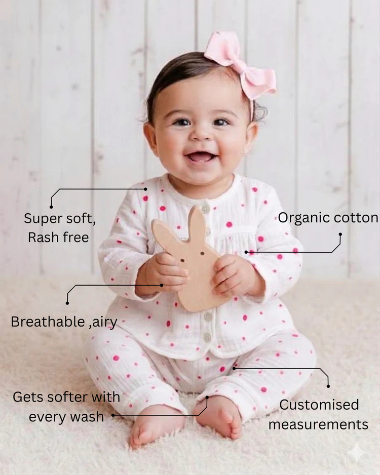 Baby wearing Anaario Plum Specks organic mulmul cotton Blossom Breeze set, newborn to 24 months