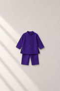 Baby wearing Anaario Purple Palm-Motif Baby Kurta Set, purple kurta with lavender palm-tree embroidered jacket, newborn to 24 months