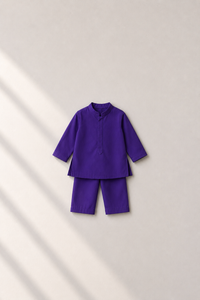 Baby wearing Anaario Purple Palm-Motif Baby Kurta Set, purple kurta with lavender palm-tree embroidered jacket, newborn to 24 months