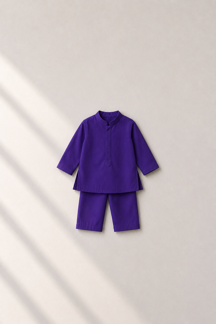 Baby wearing Anaario Purple Palm-Motif Baby Kurta Set, purple kurta with lavender palm-tree embroidered jacket, newborn to 24 months