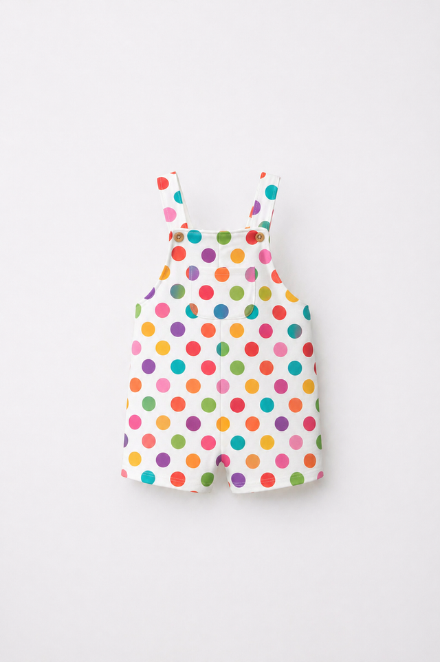 Baby wearing Anaario Rainbow Dot Pleated white with multicolour polka dots romper set, newborn to 24 months