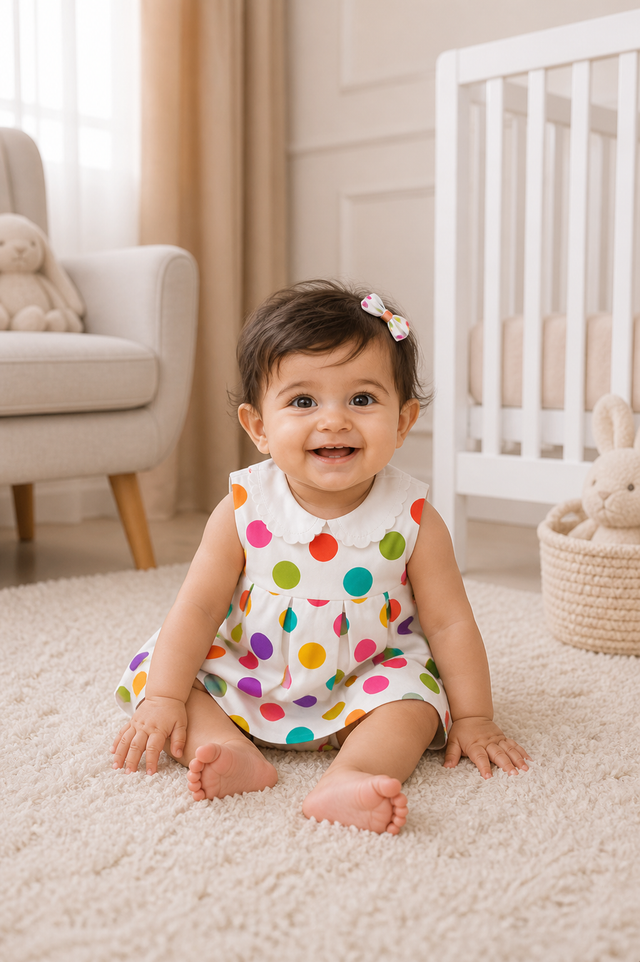 Baby wearing Anaario Rainbow Dot Pinafore white with multicolour polka dots dress, newborn to 24 months