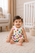 Baby wearing Anaario Rainbow Dot Pinafore white with multicolour polka dots romper, newborn to 24 months