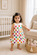 Baby wearing Anaario Rainbow Dot Pinafore white with multicolour polka dots romper, newborn to 24 months
