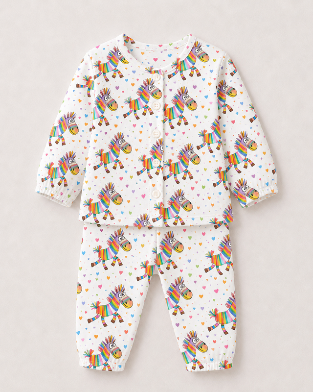 Baby wearing Anaario Rainbow Zebra organic mulmul cotton set, newborn to 24 months