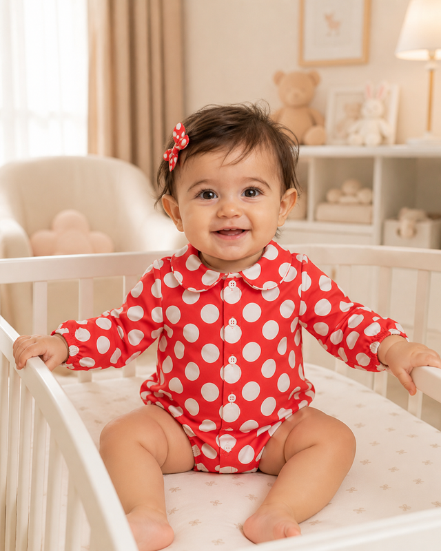 Baby wearing Anaario Crimson Dot Collared red with white polka dots romper with Peter Pan collar, newborn to 24 months