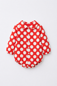 Baby wearing Anaario Crimson Dot Collared red with white polka dots romper with Peter Pan collar, newborn to 24 months