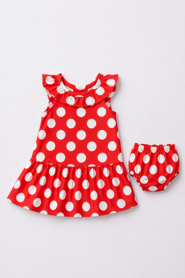 Baby wearing Anaario Red Dot Frill red with white polka dots dress set, newborn to 24 months