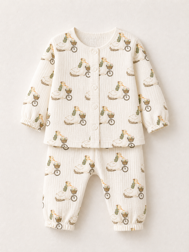 Baby wearing Anaario Retro Scooters organic mulmul cotton set, newborn to 24 months