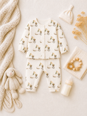 Baby wearing Anaario Retro Scooters organic mulmul cotton set, newborn to 24 months