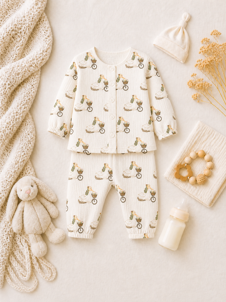 Baby wearing Anaario Retro Scooters organic mulmul cotton set, newborn to 24 months