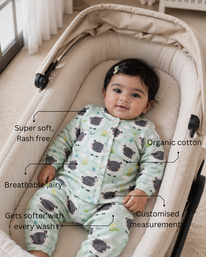 Baby wearing Anaario Sheep and Nightsky organic cotton pyjama set, newborn to 24 months