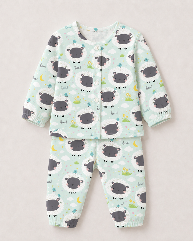 Baby wearing Anaario Sheep and Nightsky organic cotton pyjama set, newborn to 24 months