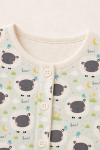 Baby wearing Anaario Sheep and Nightsky organic cotton pyjama set, newborn to 24 months