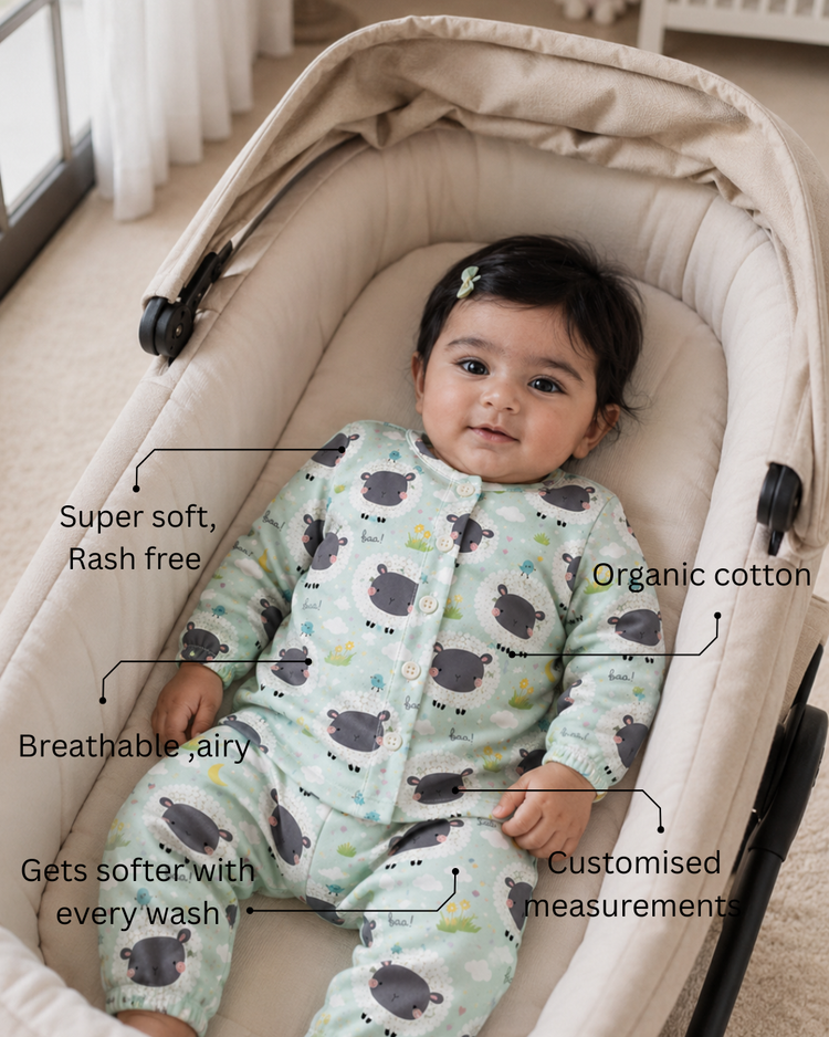 Baby wearing Anaario Sheep and Nightsky organic cotton pyjama set, newborn to 24 months