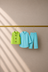 Baby wearing Anaario Sky Blue Dragonfly Motif Jacket Kurta Set, sky blue kurta with lime green dragonfly-embroidered jacket, newborn to 24 months