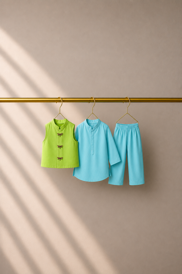 Baby wearing Anaario Sky Blue Dragonfly Motif Jacket Kurta Set, sky blue kurta with lime green dragonfly-embroidered jacket, newborn to 24 months