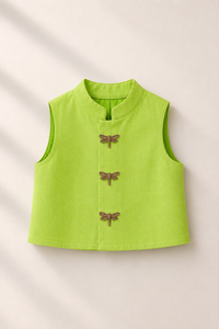 Baby wearing Anaario Sky Blue Dragonfly Motif Jacket Kurta Set, sky blue kurta with lime green dragonfly-embroidered jacket, newborn to 24 months