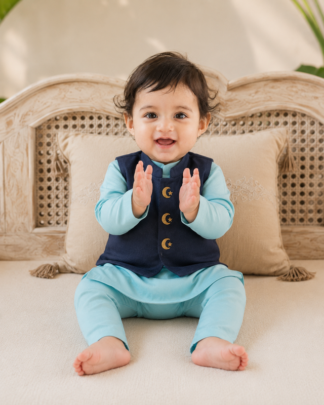 Baby wearing Anaario Sky Blue Moon-Star Motif Jacket Kurta Set, sky blue kurta with navy moon-and-star embroidered jacket, newborn to 24 months