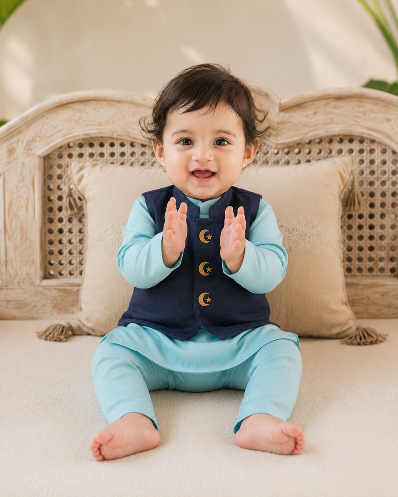 Baby wearing Anaario Sky Blue Moon-Star Motif Jacket Kurta Set, sky blue kurta with navy moon-and-star embroidered jacket, newborn to 24 months