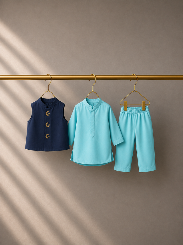 Baby wearing Anaario Sky Blue Moon-Star Motif Jacket Kurta Set, sky blue kurta with navy moon-and-star embroidered jacket, newborn to 24 months