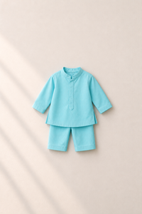 Baby wearing Anaario Sky Blue Moon-Star Motif Jacket Kurta Set, sky blue kurta with navy moon-and-star embroidered jacket, newborn to 24 months