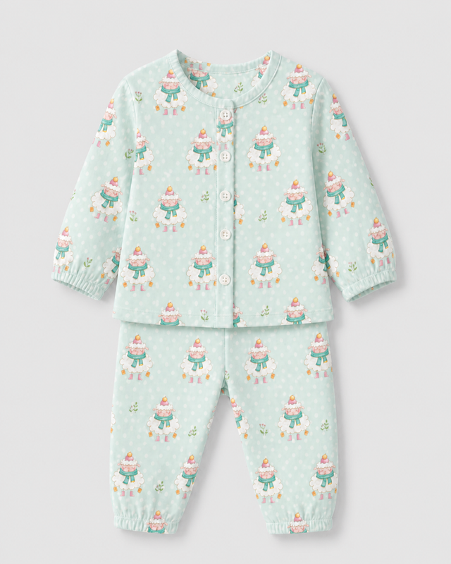 Baby wearing Anaario Snowy Sheep organic mulmul cotton set, newborn to 24 months