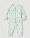 Baby wearing Anaario Snowy Sheep organic mulmul cotton set, newborn to 24 months