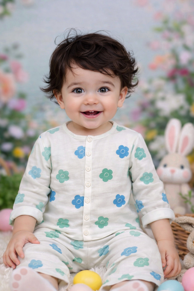 Baby wearing Anaario Teal Blossom organic mulmul cotton Gleeful Giggles set, newborn to 24 months