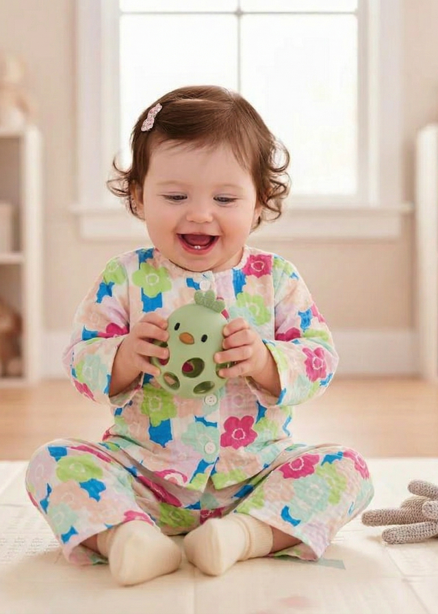 Baby wearing Anaario Trio-Toned Florals organic mulmul cotton Sakura set, newborn to 24 months