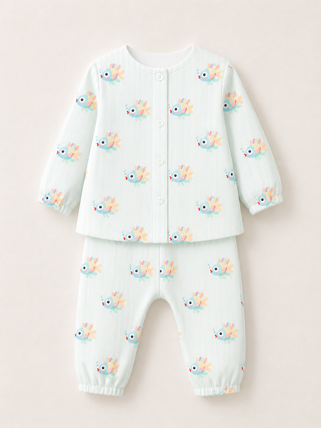 Baby wearing Anaario Tropical Fish organic mulmul cotton set, newborn to 24 months