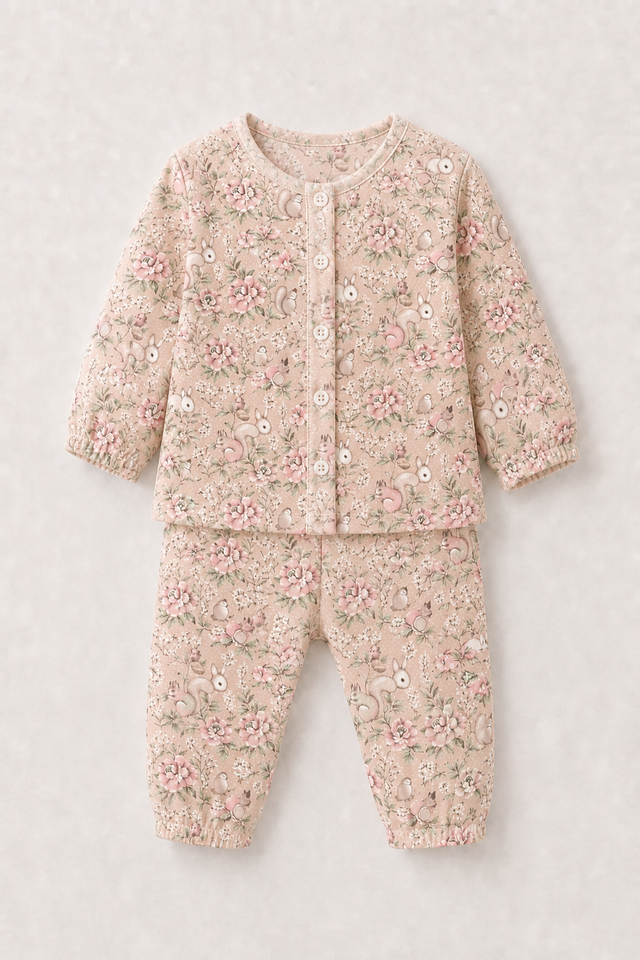 Baby wearing Anaario Vintage Bunny organic mulmul cotton Blossom Breeze set, newborn to 24 months