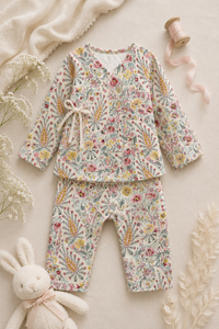 Baby wearing Anaario Vintage Floral Paisley Wrap co-ord set, newborn to 24 months