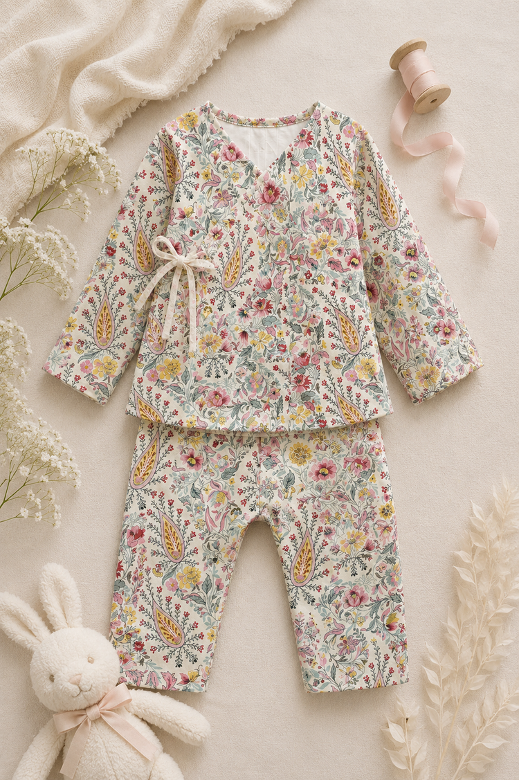 Baby wearing Anaario Vintage Floral Paisley Wrap co-ord set, newborn to 24 months