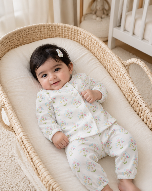 Baby wearing Anaario Vintage Garden organic mulmul cotton set, newborn to 24 months