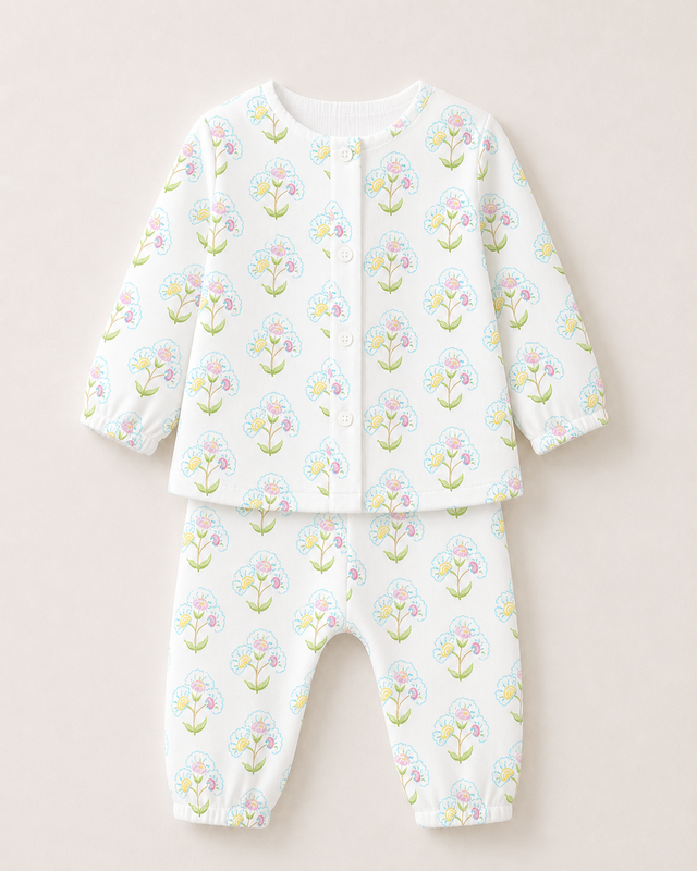 Baby wearing Anaario Vintage Garden organic mulmul cotton set, newborn to 24 months