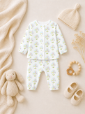 Baby wearing Anaario Vintage Garden organic mulmul cotton set, newborn to 24 months